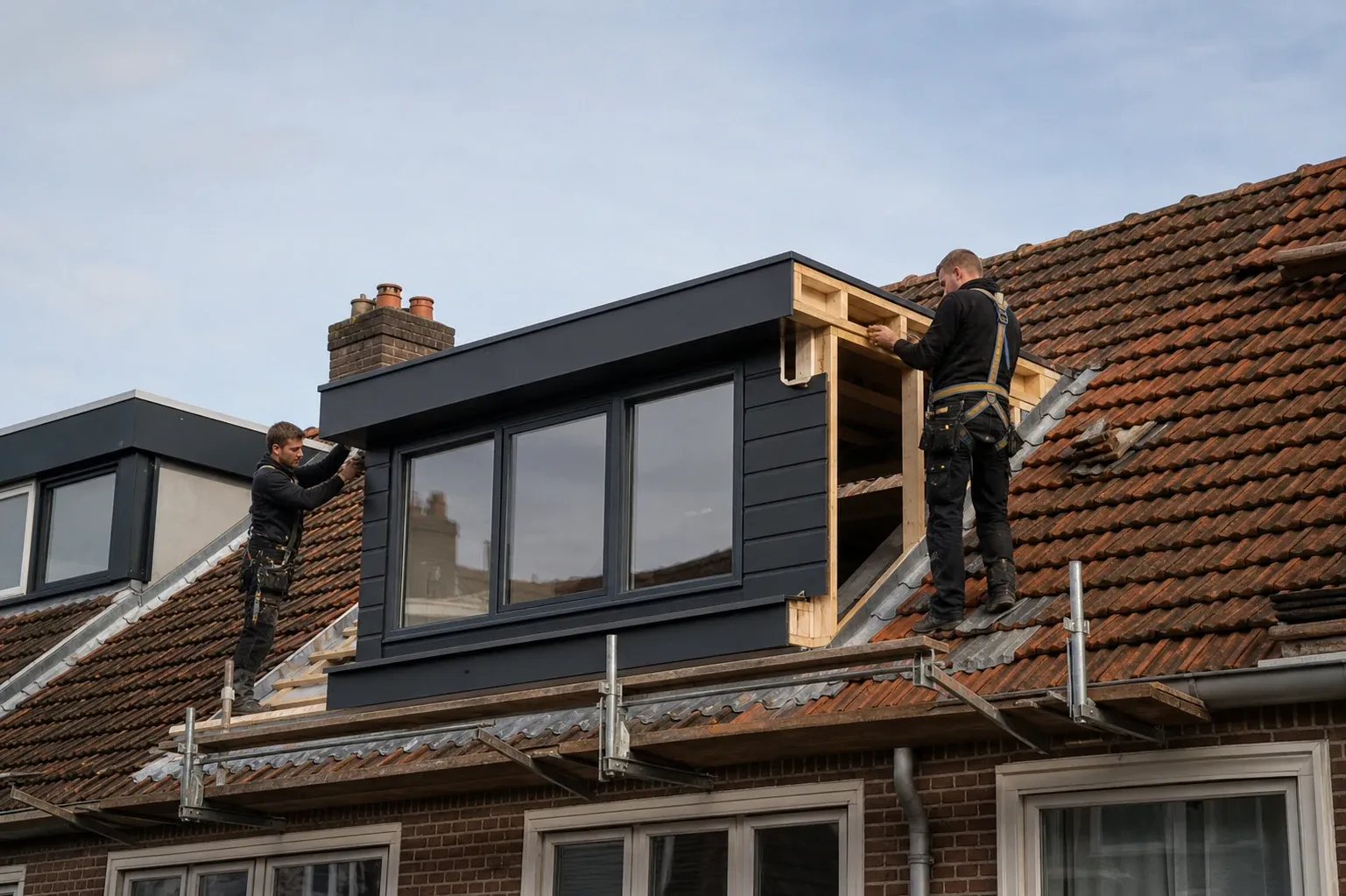 Vakmensen plaatsen een maatwerk dakkapel op een Nederlandse woning