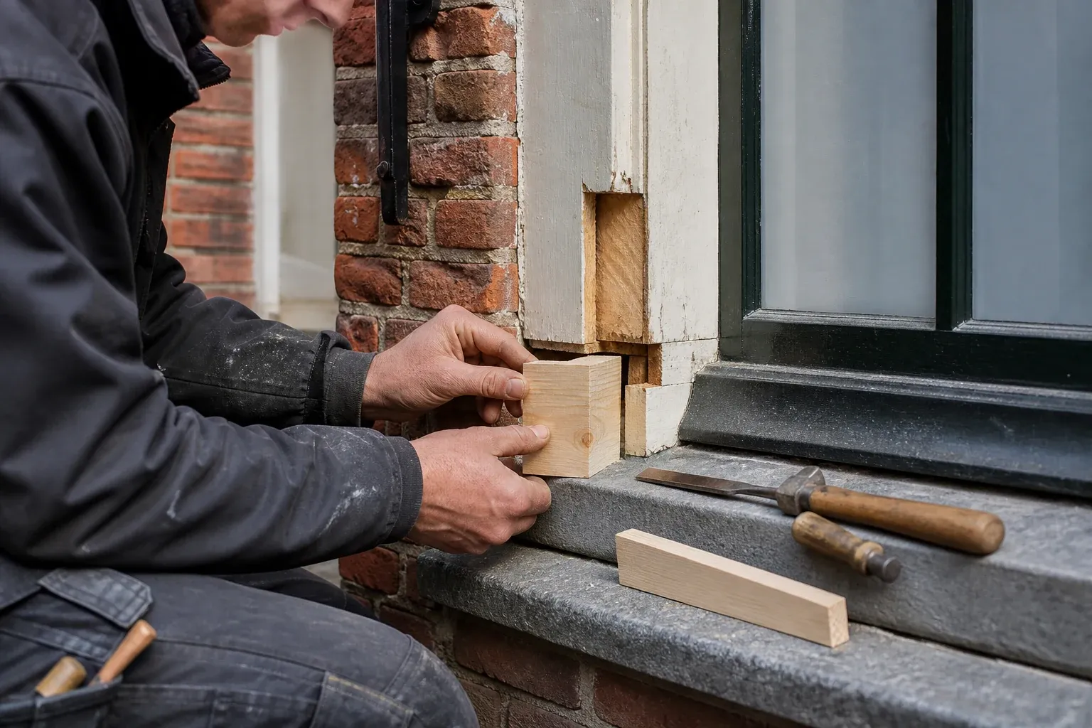 Vakman herstelt houtrot in een traditioneel houten kozijn