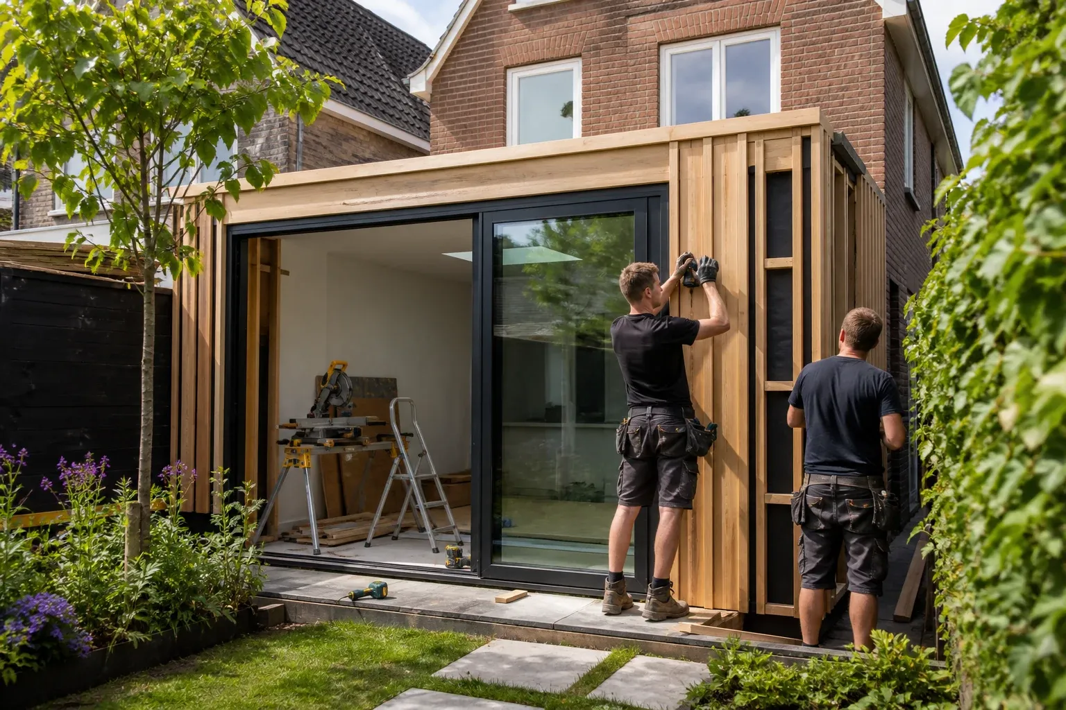 Vakmensen bouwen een houten uitbouw aan een bakstenen woning