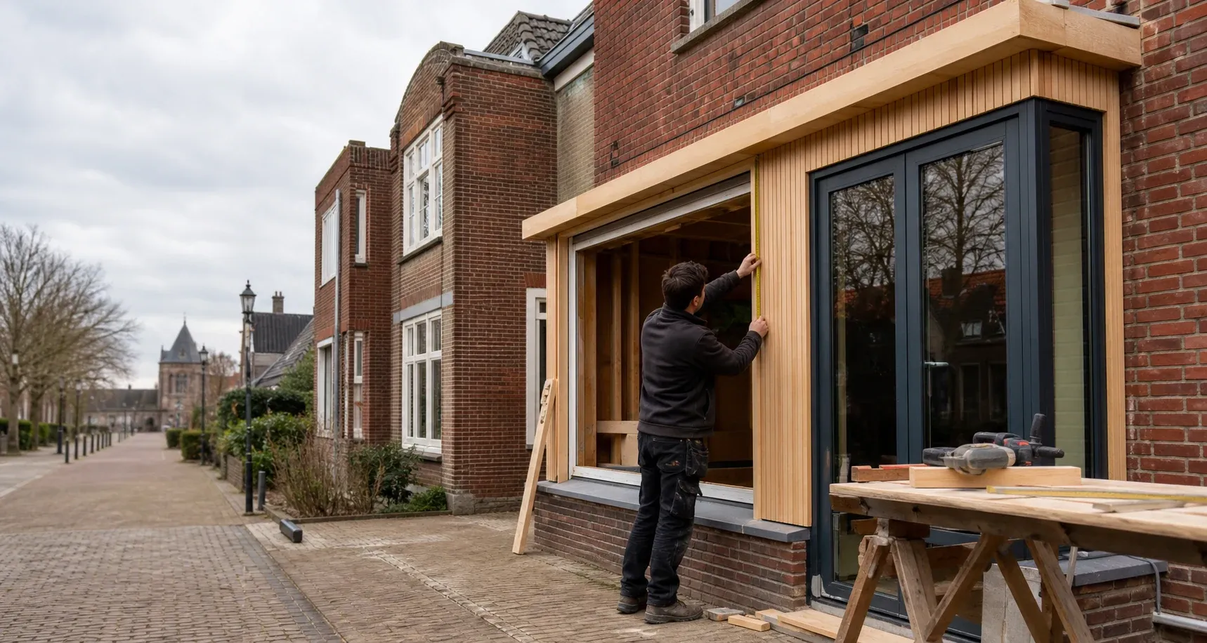 Aannemer werkt aan een houten uitbreiding van een karakteristieke woning in Brielle