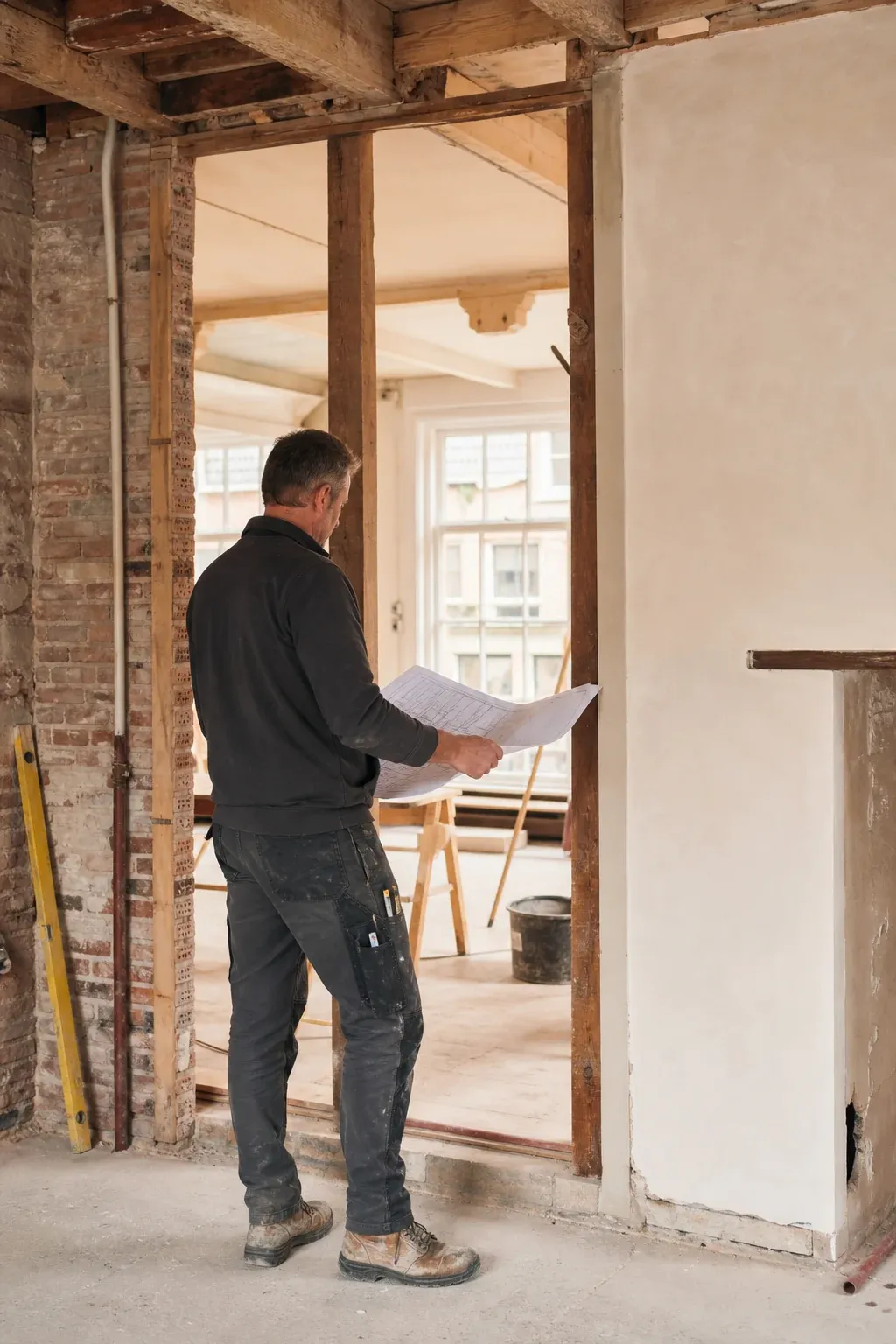 Aannemer bekijkt bouwtekeningen tijdens de renovatie van een woning
