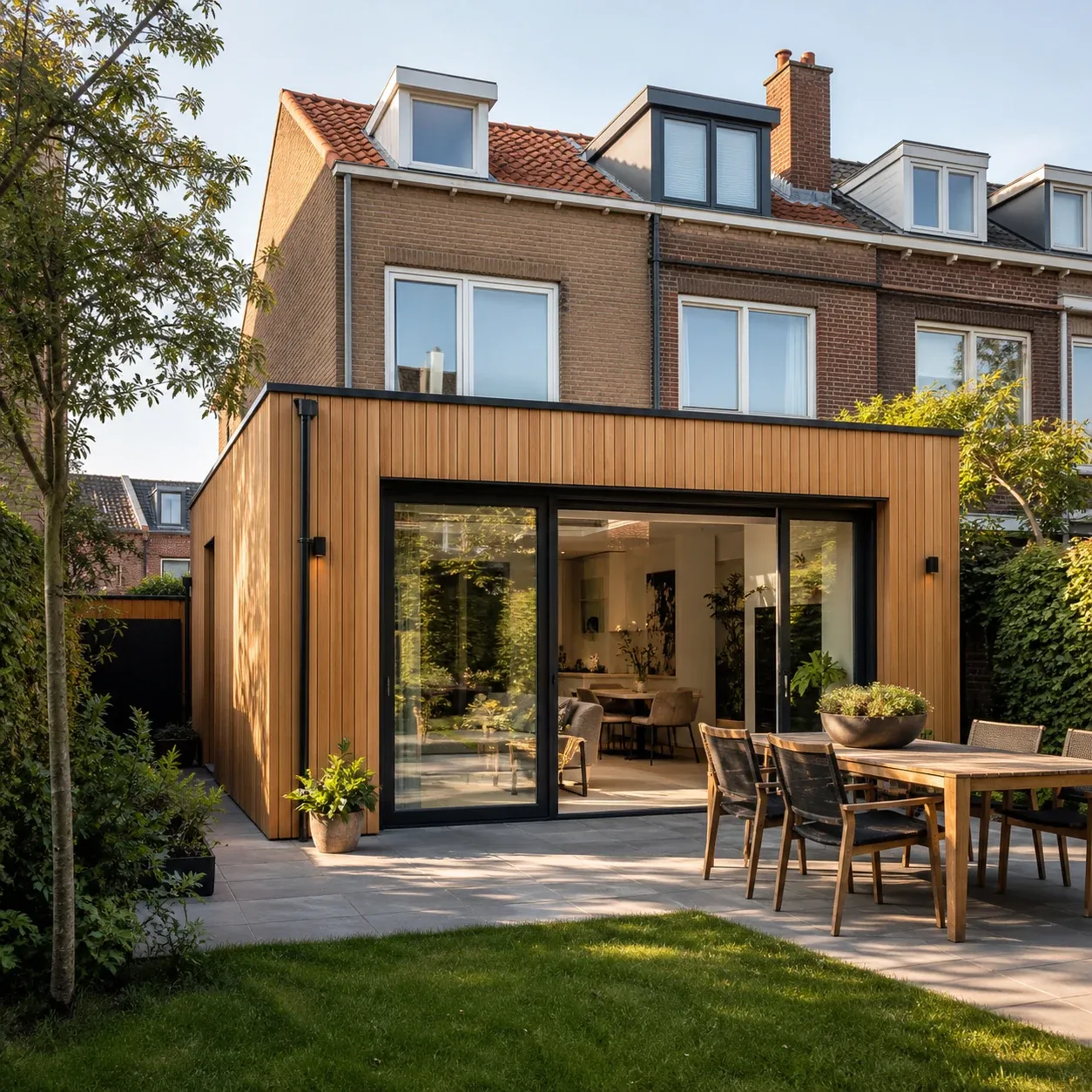 Afgeronde woninguitbouw met houten gevel en grote glazen schuifpui